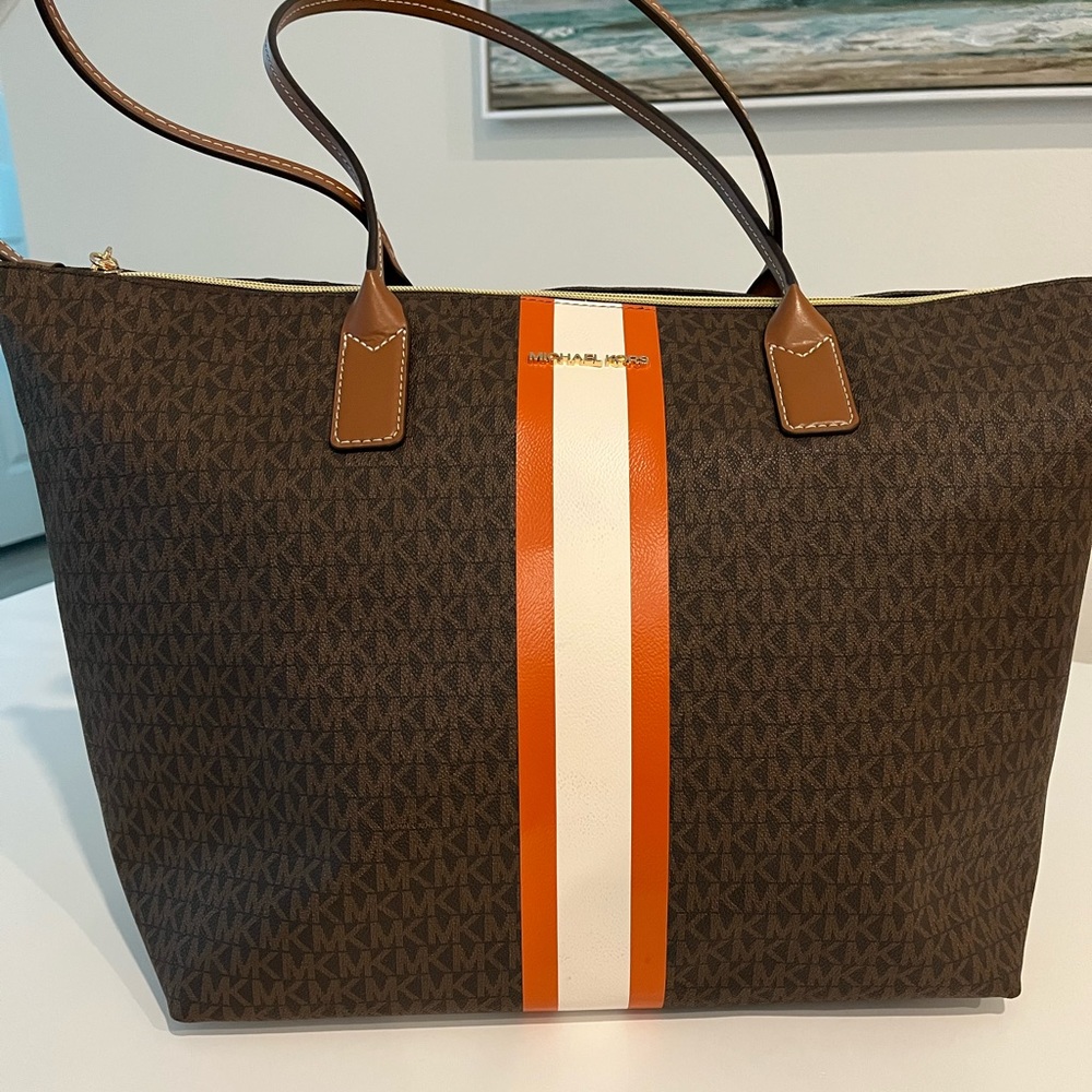 Michael Kors Large Logo Stripe Travel Weekender Carry on Tote Bag